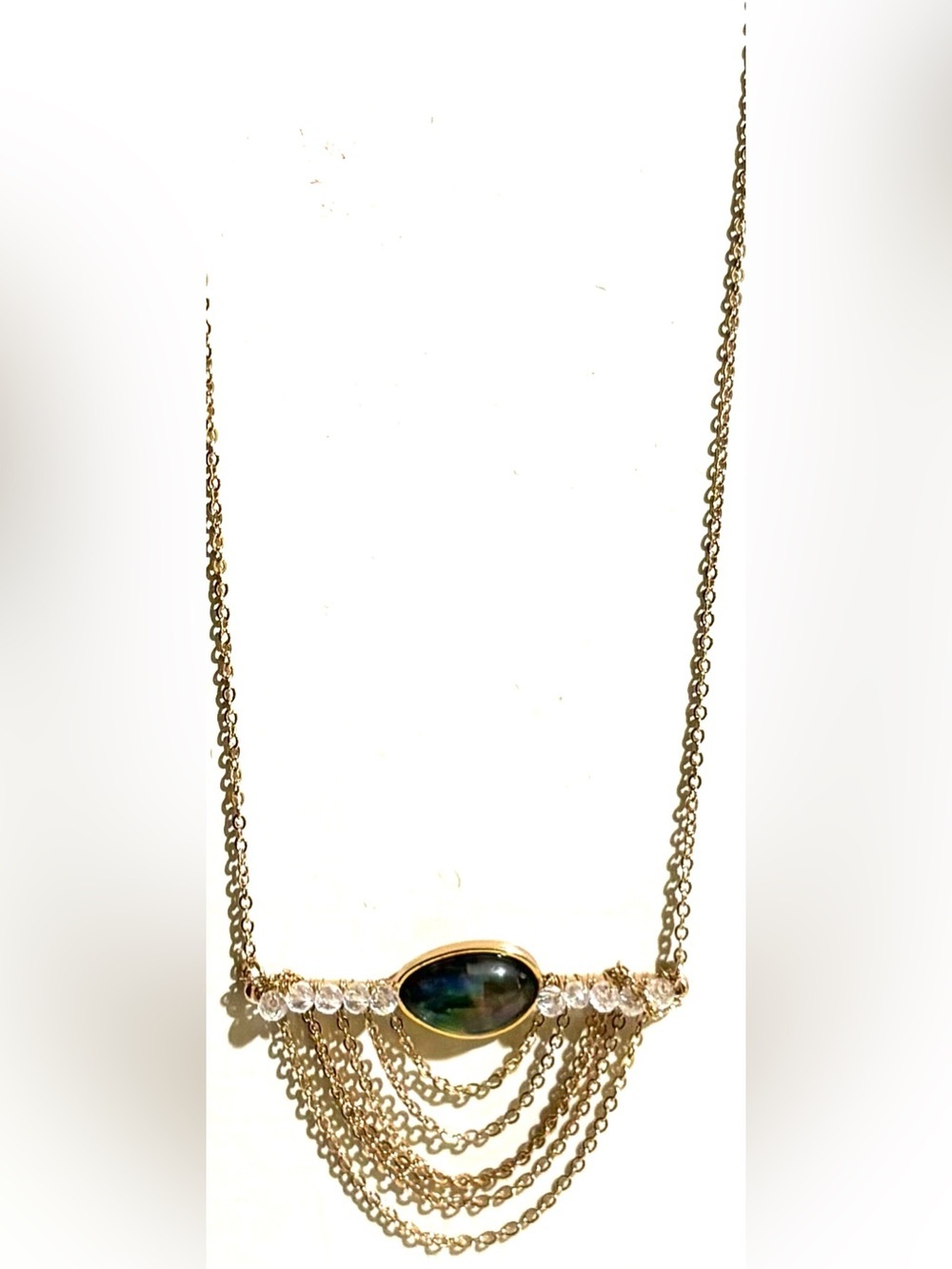 Gold-Tone Necklace with Blue-Green Stone and Draped Chain